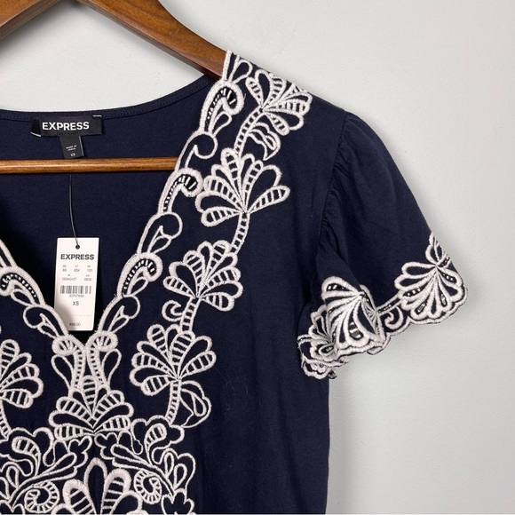 Express Navy/White Floral Embroidered Peplum Top - Picture 3 of 8